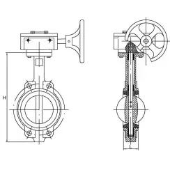 Wafer type butterfly valve and ductile iron disk and EPDM seat, DN250, PN16. PA300 series reducer